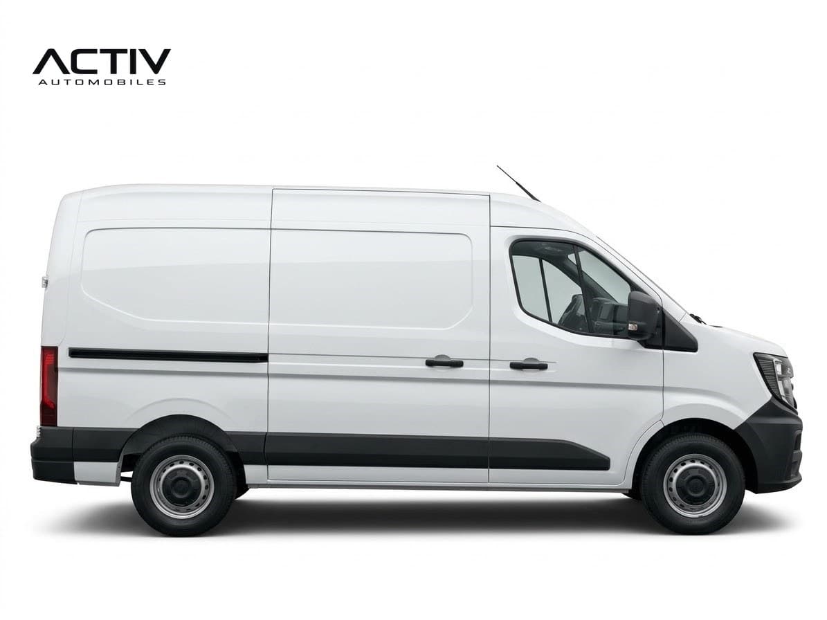 Renault Master Fourgon : profil droit du fourgon blanc avec porte latérale coulissante tôlée