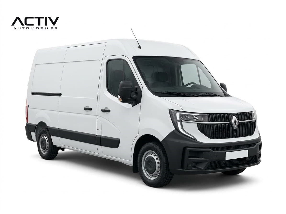 Renault Master Fourgon : fourgon blanc vu de l'avant côté droit avec porte latérale coulissante tôlée