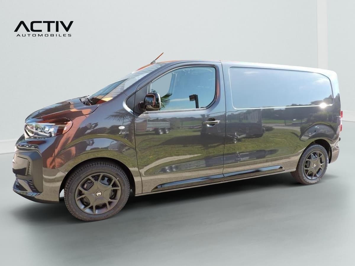 Citroën Jumpy Fourgon : profil gauche du fourgon avec jantes sombres et baguettes latérales noires