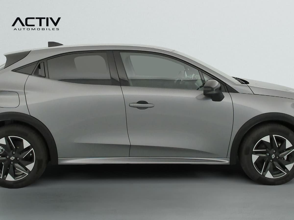 Renault Clio 6 : profil droit gris avec jantes alliage noires diamantées et vitres surteintées