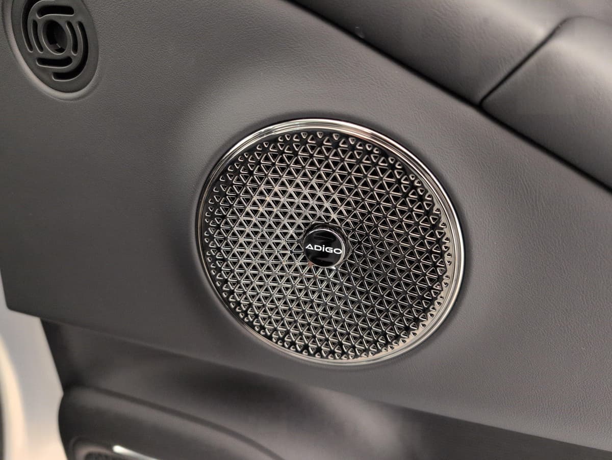 Aion V : haut-parleur à grille décorative sur un panneau de porte noir