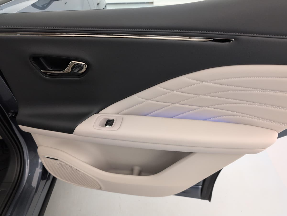 Aion V : panneau de porte arrière bicolore noir et beige avec surpiqûres décoratives