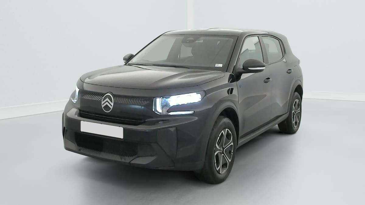 Citroën E-C3 Aircross : vue avant trois quarts gauche, noire, phares allumés et jantes bicolores